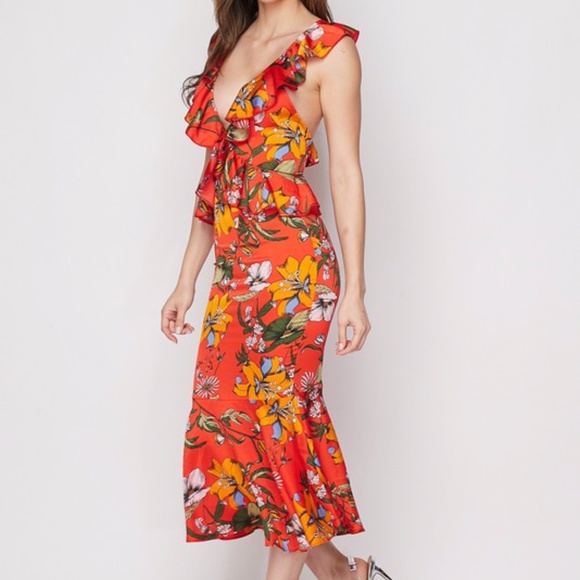 🐦‍🔥Floral 🐦‍🔥 Ruffled Mermaid Midi Dress - Red (B) - Picture 3 of 6